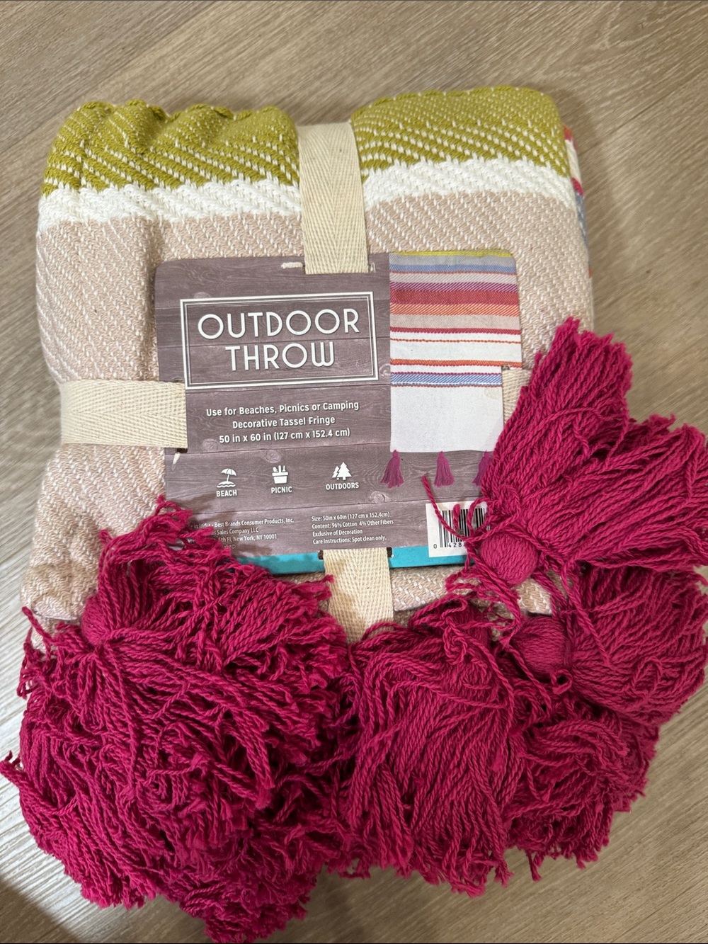 Outdoor Throw Blanket with Decorative Tassel Fringe - Magenta/Pink